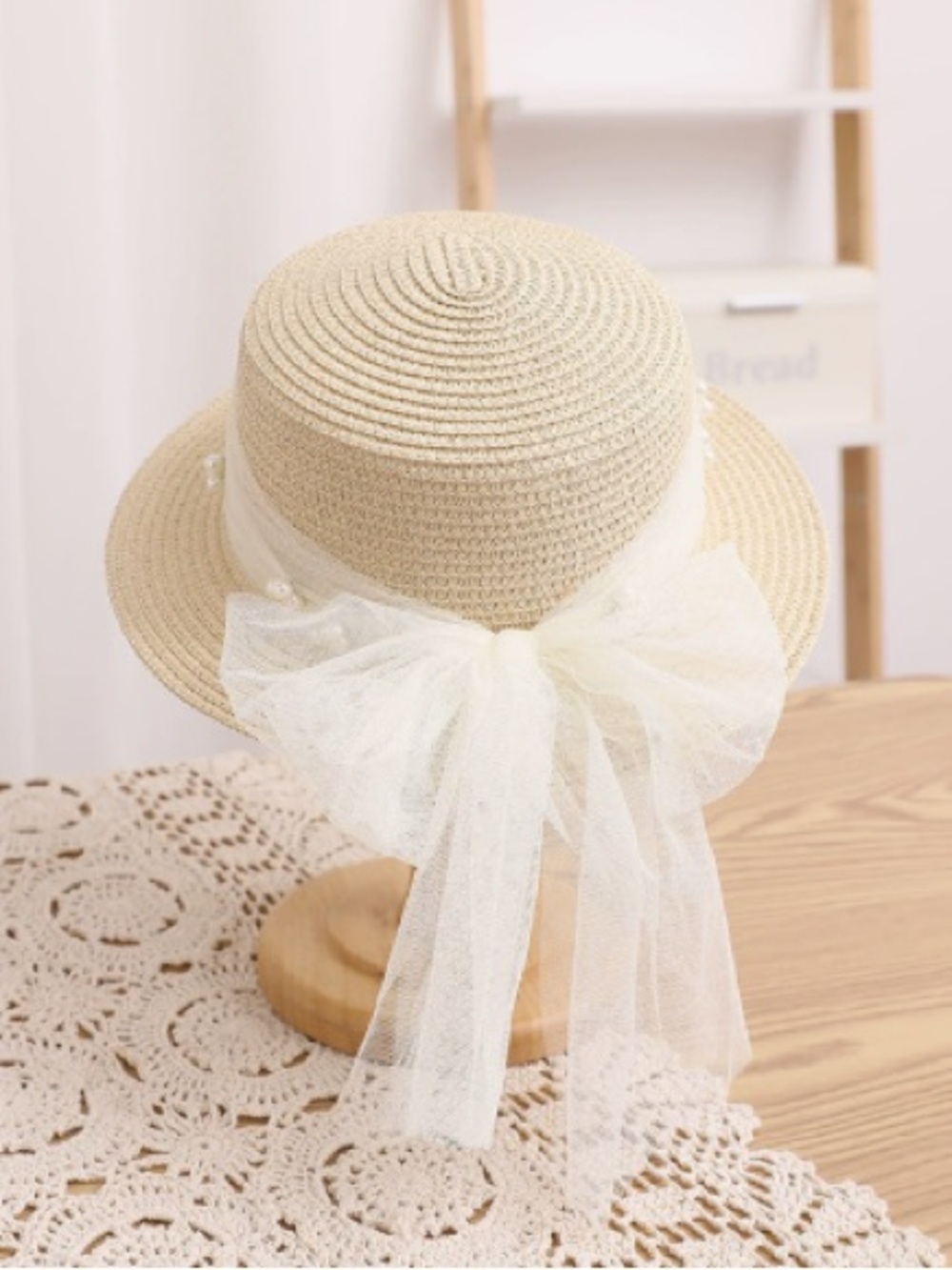 Straw Boater Hat with Ivory Tulle Bow